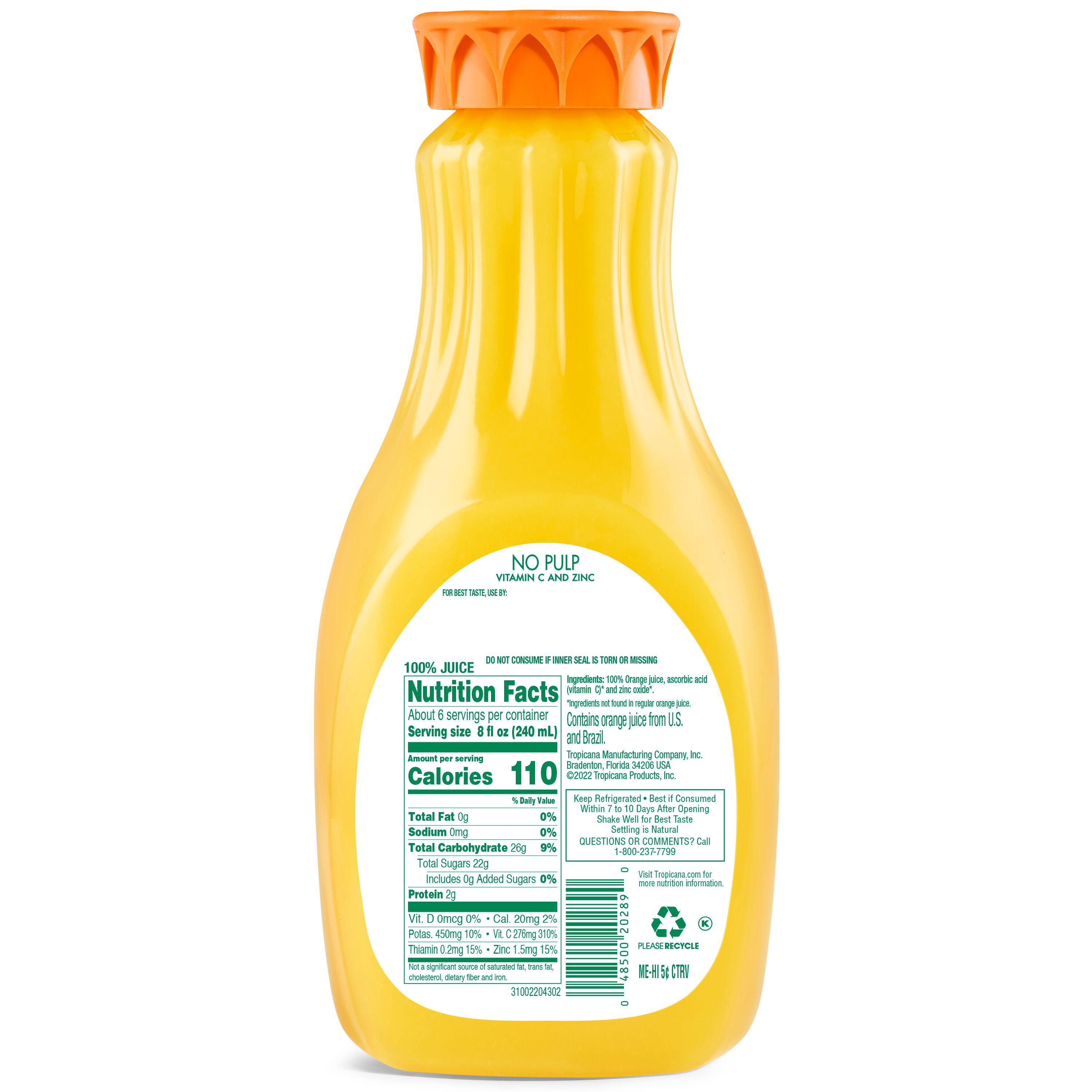 Tropicana, No Pulp, Orange Juice With Vitamin C & Zinc thumbnail