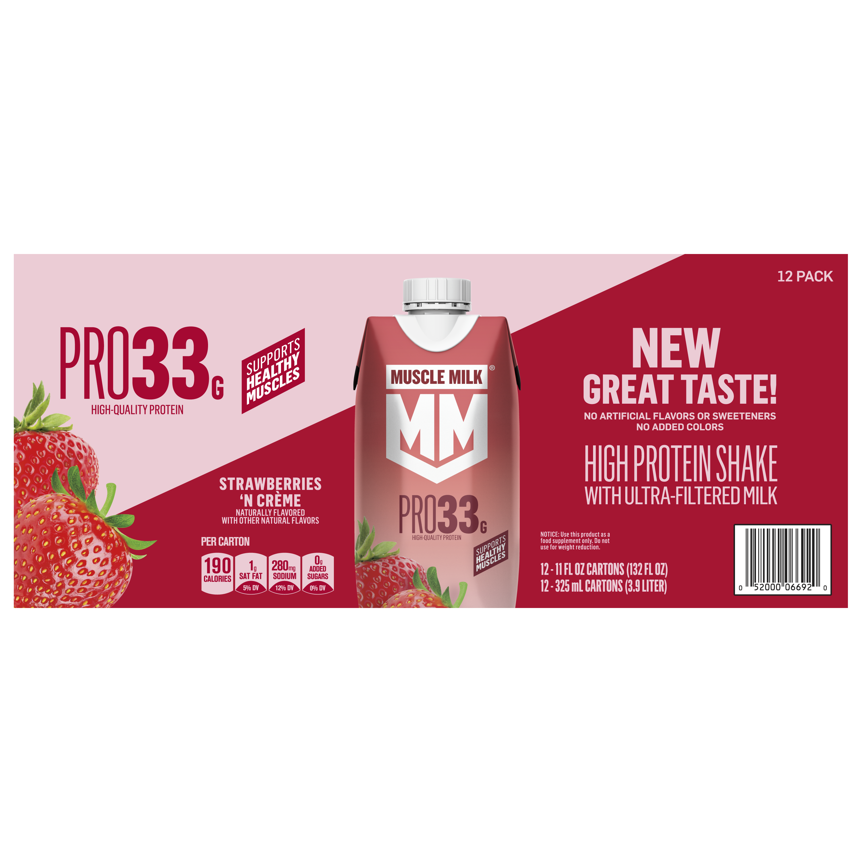 Muscle Milk, Pro33, Strawberries 'N Creme Flavored, High Protein Shake
