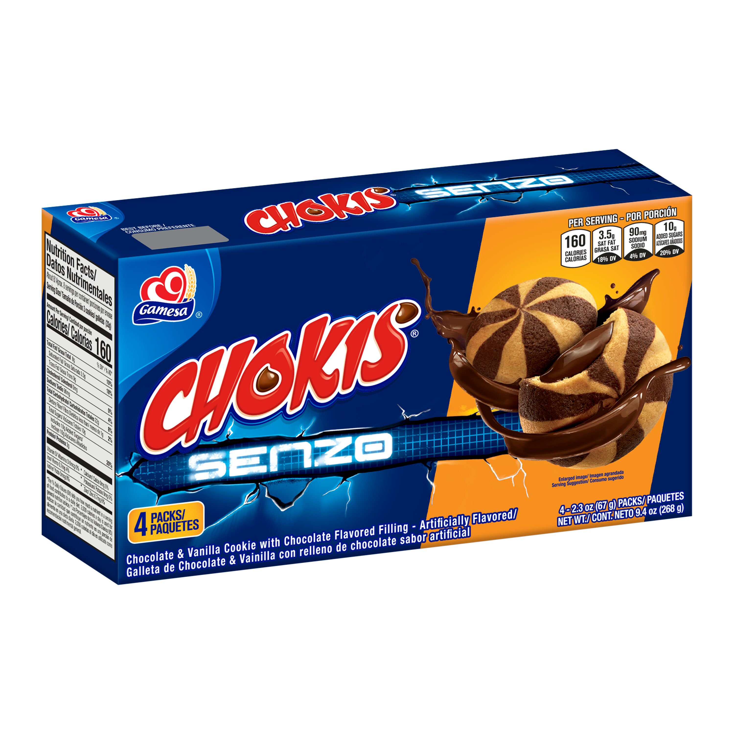 Gamesa, Chokis, Senzo, Chocolate & Vanilla Cookie With Chocolate Flavored Filling thumbnail
