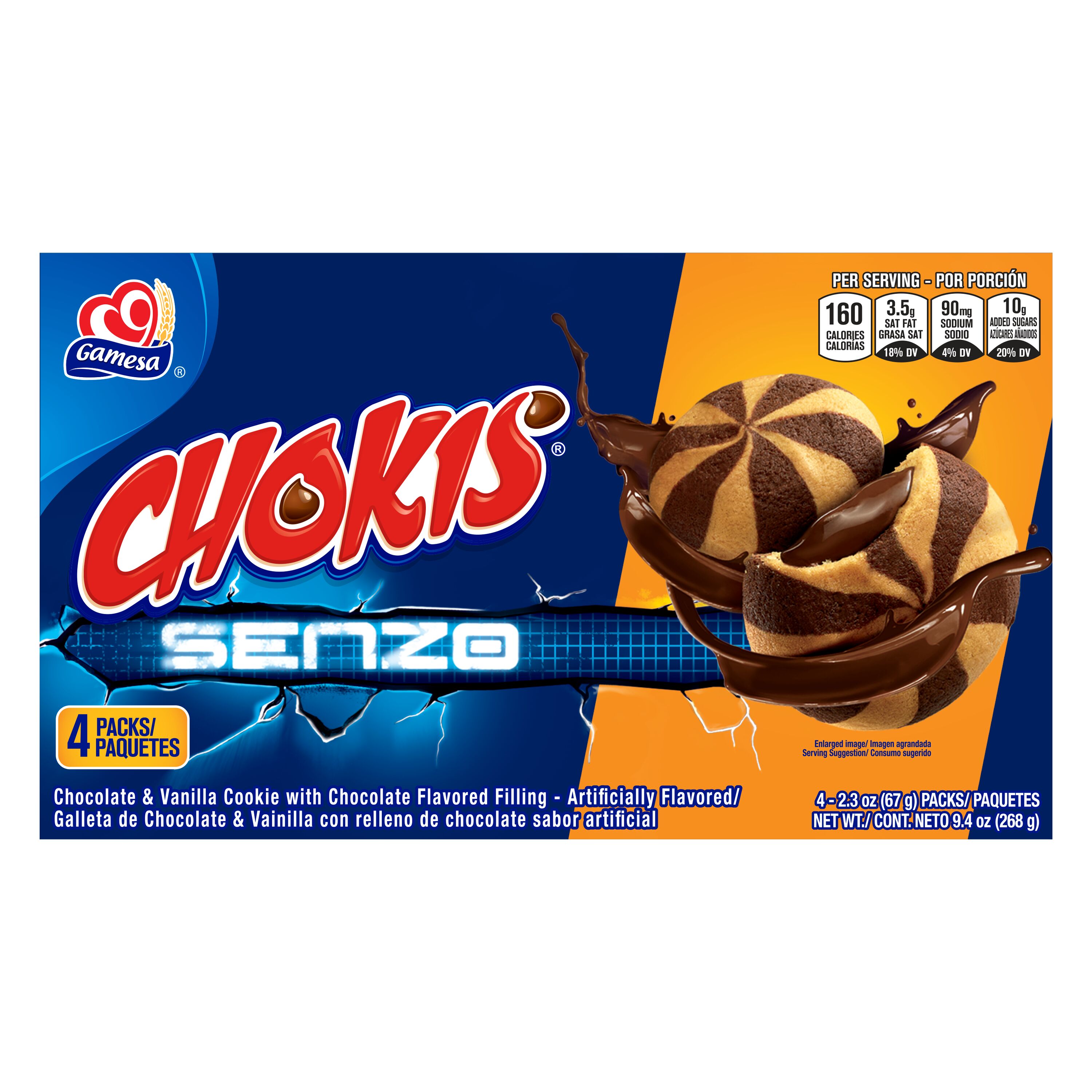 Gamesa, Chokis, Senzo, Chocolate & Vanilla Cookie With Chocolate Flavored Filling thumbnail