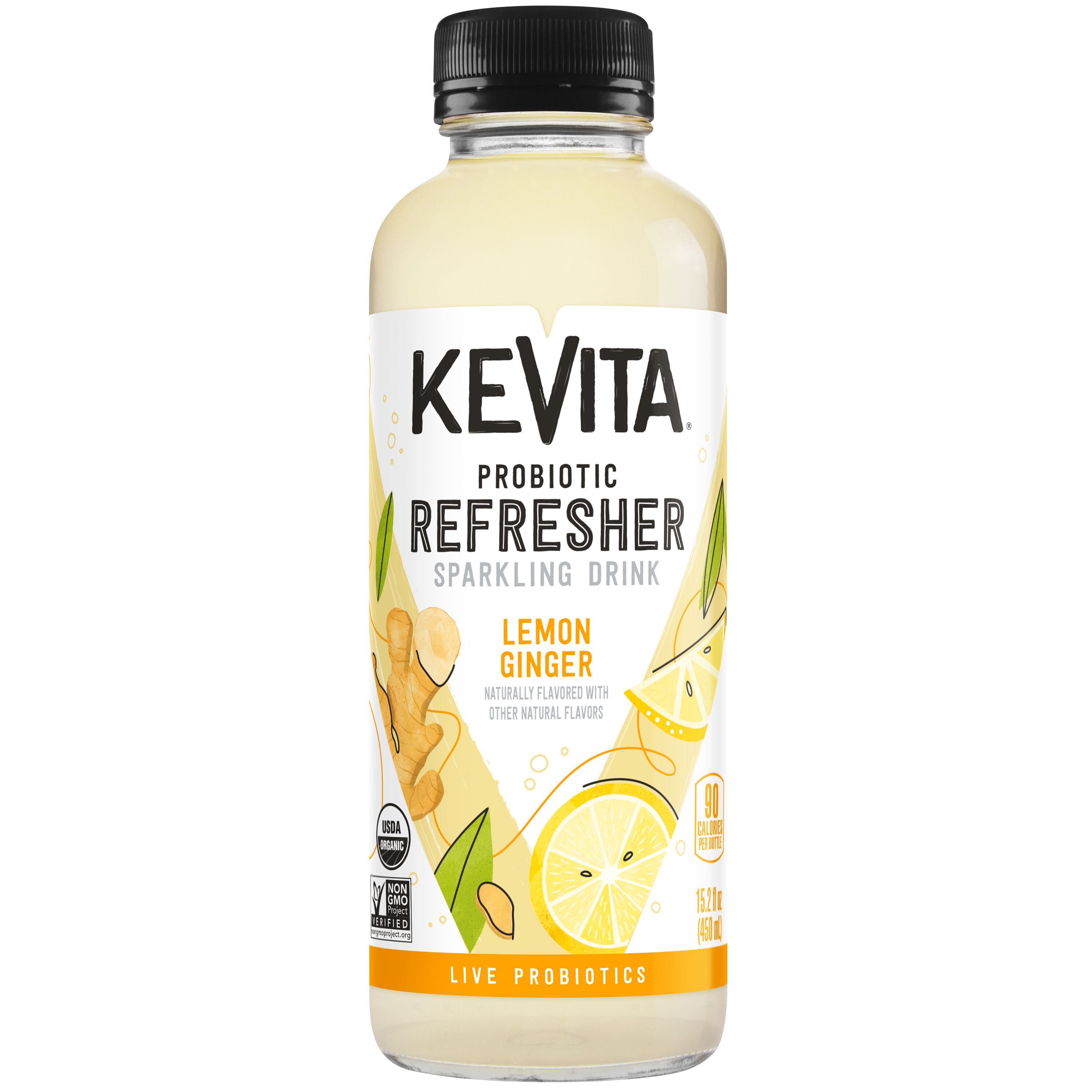 Kevita, Probiotic Refresher, Lemon Ginger Flavored, Sparkling Drink