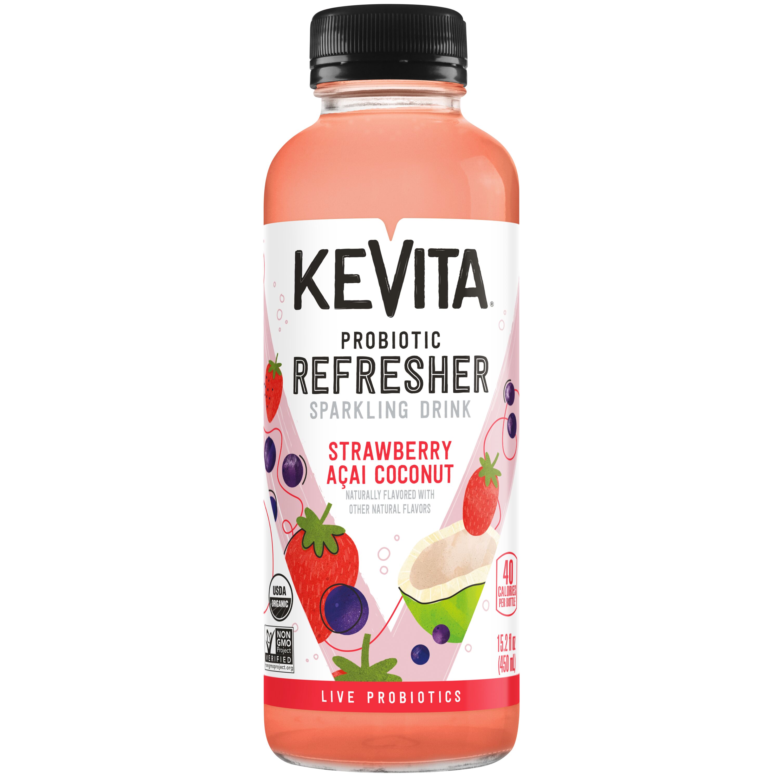 Kevita, Probiotic Refresher, Strawberry Acai Coconut Flavored, Sparkling Drink