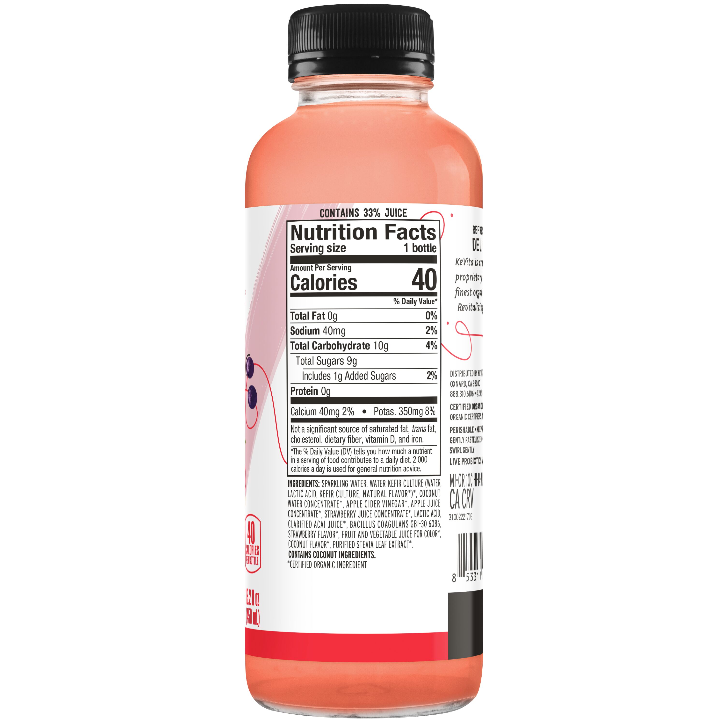 Kevita, Probiotic Refresher, Strawberry Acai Coconut Flavored, Sparkling Drink thumbnail