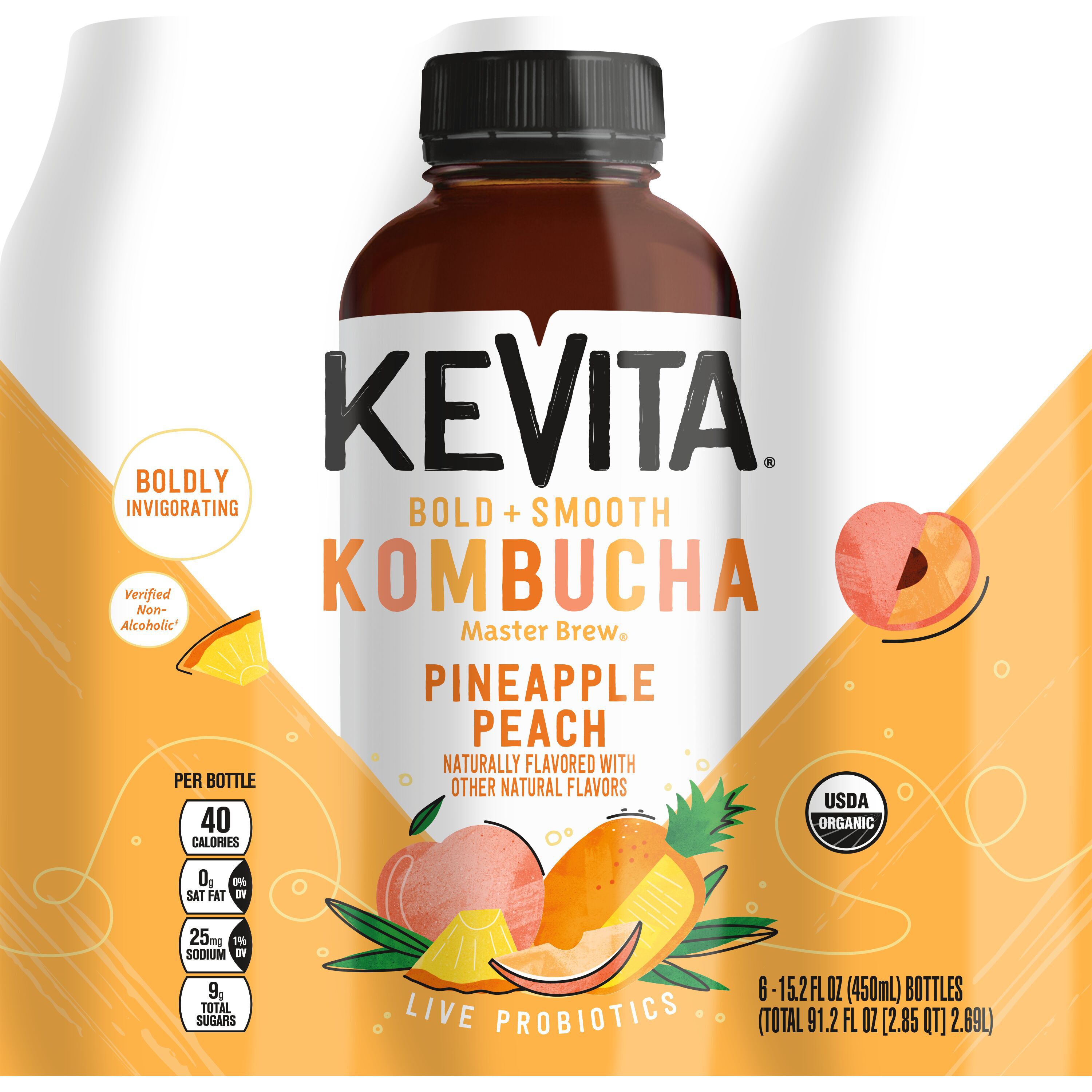Kevita, Master Brew, Pineapple Peach Flavored, Kombucha