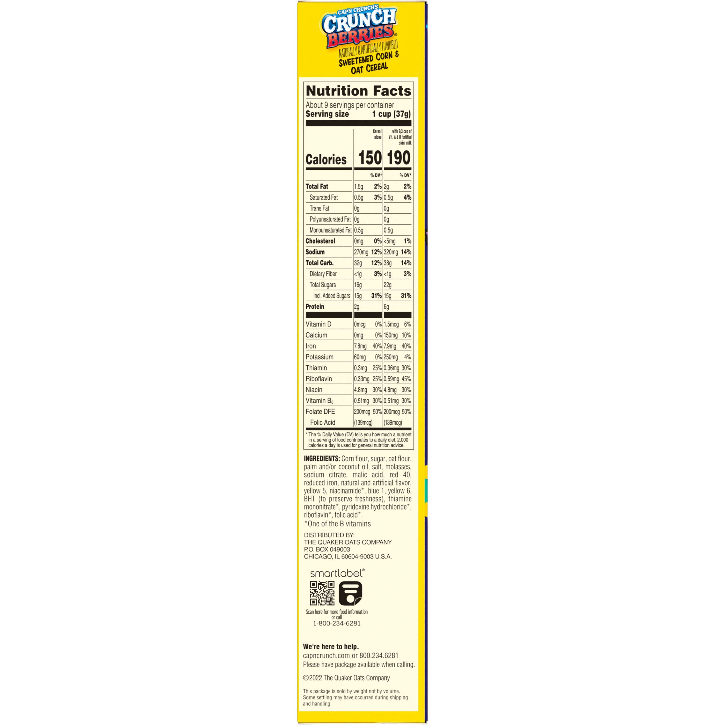 Cap'n Crunch's, Crunch Berries Naturally & Artificially Flavored, Sweetened Corn & Oat Cereal thumbnail