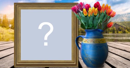 Moldura com vaso azul cheio de tulipas, e foto com borda de madeira. Adicione sua foto