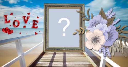 Montagem de foto com moldura em cima da ponte, flores e palavra LOVE. Adicione uma foto!