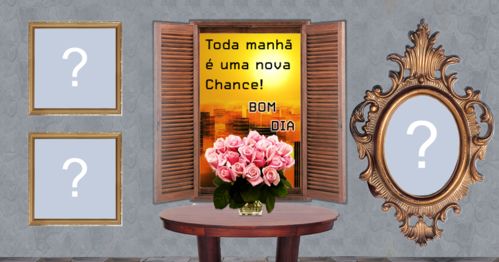 Moldura com frase de Bom Dia com quadros de foto na parede. Adicione 3 fotos!