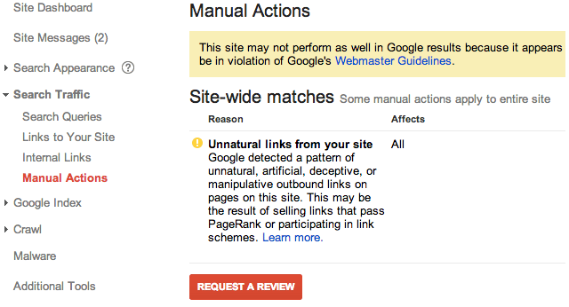 google manual action viewer - linking out badly