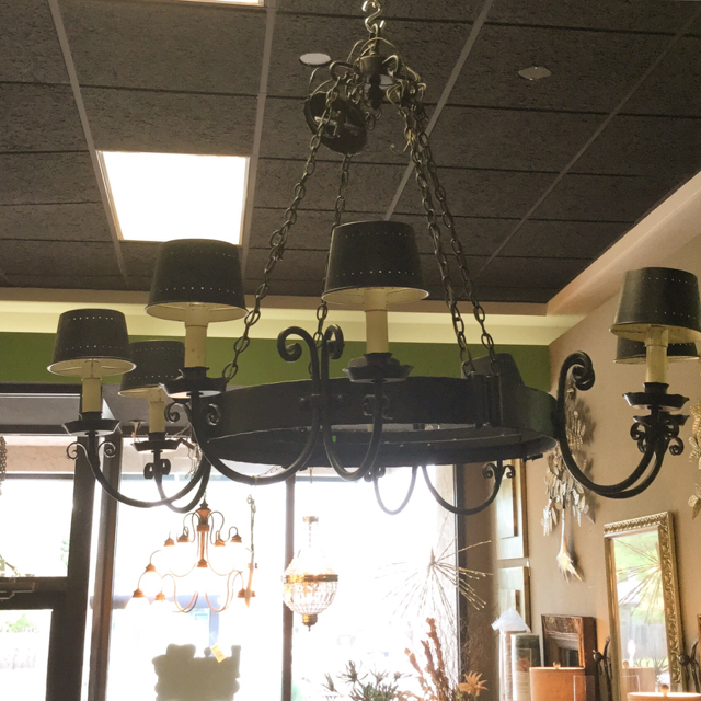 Round Black Iron 8 Light Chandelier with Shades Invio Fine Furniture