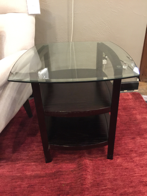 Two Tier Rectangle Dark Wood End Table With Glass Top Invio Fine Furniture Consignment