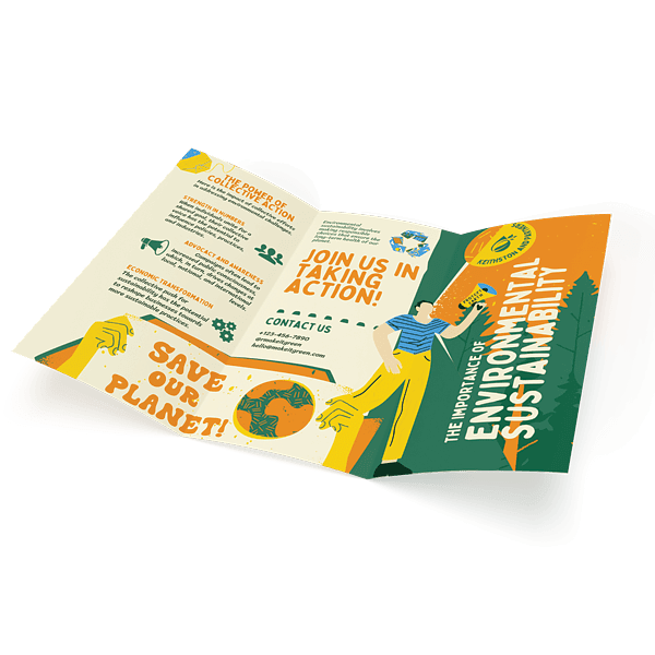 Non-profit tri-fold brochure open on environmental sustainability