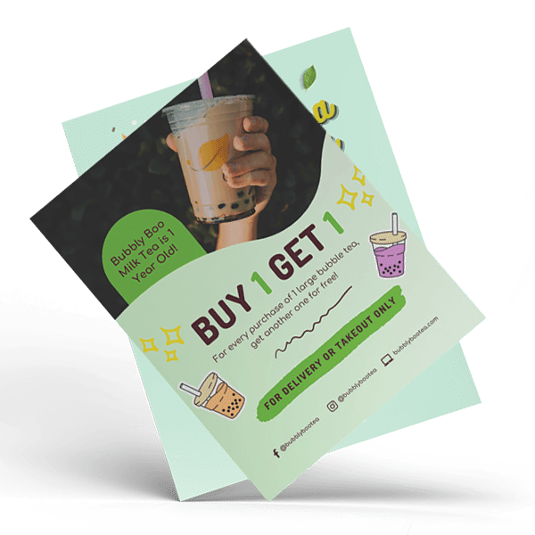 Small business flyers for a bubble tea buy-one-get-one offer