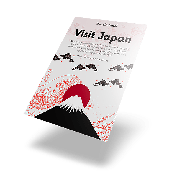 Travel flyer reading Visit Japan with Mount Fuji and wave art