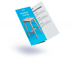 Brochure folded open showing Modern Living furniture cover and collections panel