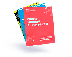Flyers fanned out, red Cyber Monday flash sale flyer in front
