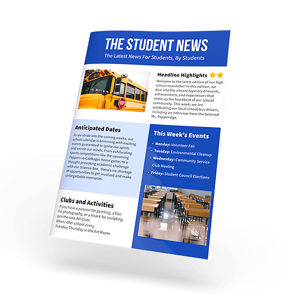 Newsletter page with school bus photo and weekly events columns