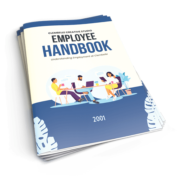 Training handbooks stacked, employee handbook cover with illustrated office