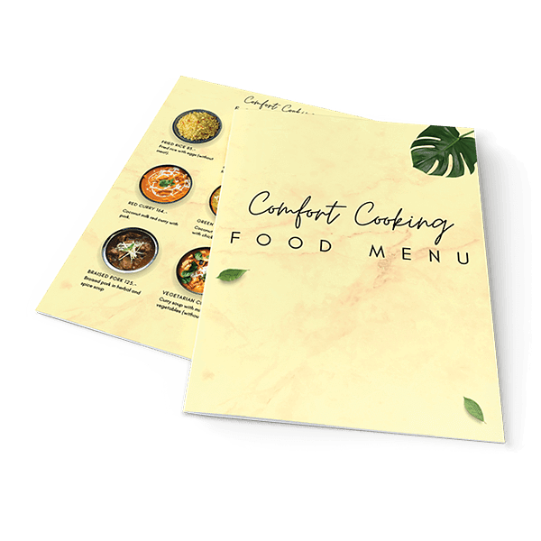 Restaurant menu in two panels, Comfort Cooking cover with dish photos