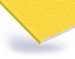 Perfect bound book corner showing yellow striped cover and squared spine
