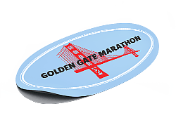 Sticker in blue oval for Golden Gate Marathon, corner peeling