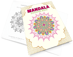 Coloring book with a mandala cover beside an uncolored inside page