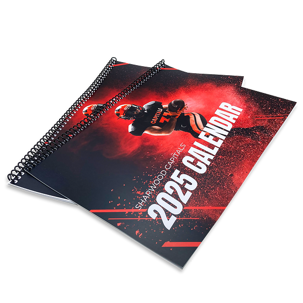 Spiral Bound Booklet Printing Two spiral-bound sports calendars with black plastic coil bindings, laid flat and overlapping