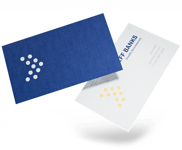Linen Business Cards Blue linen business card with a dot pattern beside its white textured back