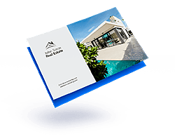Postcard for real estate showing a modern house with pool