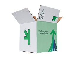 Shipping box open with green arrows printed inside and out