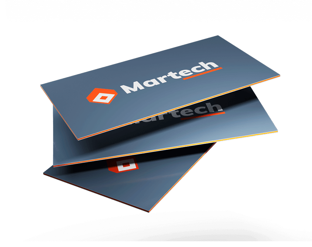 Business cards for Martech stacked, slate gray with orange layered edges