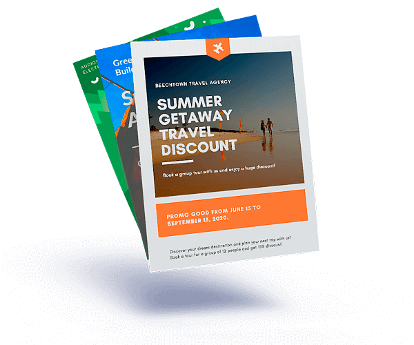 Flyer Printing Service Color copies of a summer getaway travel discount flyer fanned over green and blue flyers