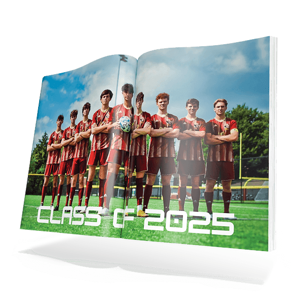 Sports yearbook open to a soccer team spread, Class of 2025