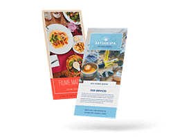 Rack cards for a restaurant and a spa, side by side
