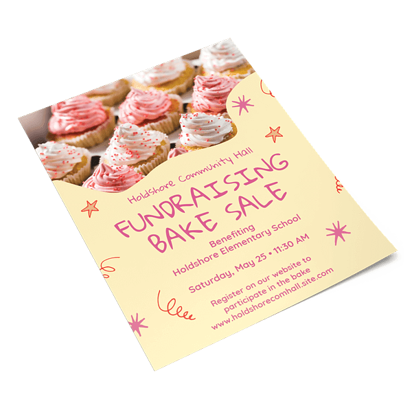 Fundraiser flyer for a bake sale with cupcake photo
