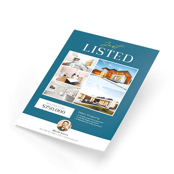 Real estate flyer reading Just Listed with home photos and price