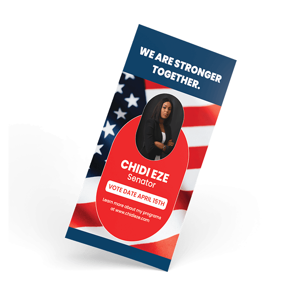 Political rack card for a senator over an American flag