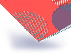 Saddle-stitched booklet corner, red patterned cover with folded spine