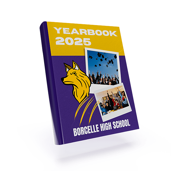 School yearbook with purple and gold cover for Borcelle High School