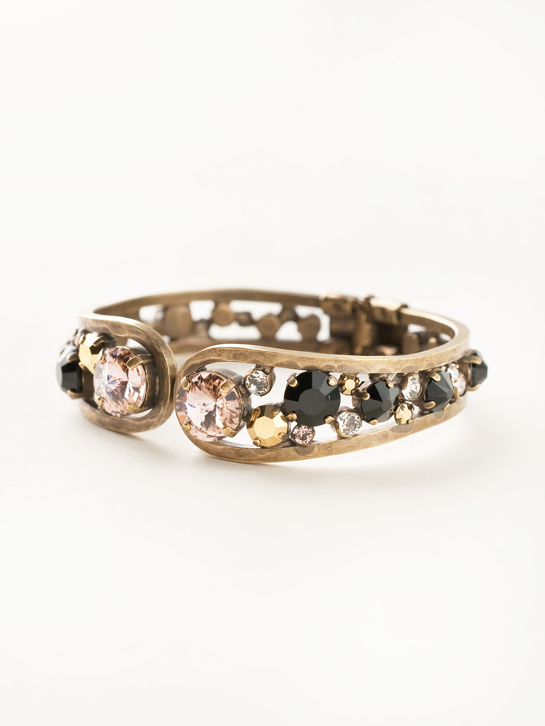 Round Crystal Cluster Hinge Bracelet in Antique Goldtone Black Fringe