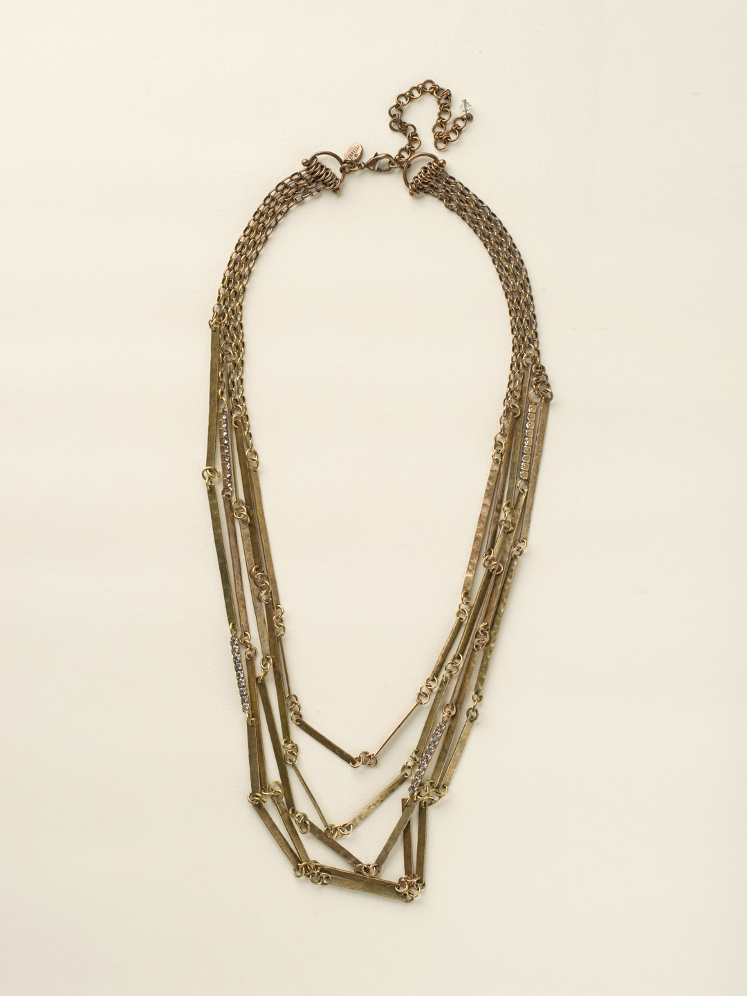 Linked Hammered Metal MultiStrand Necklace in Antique Goldtone