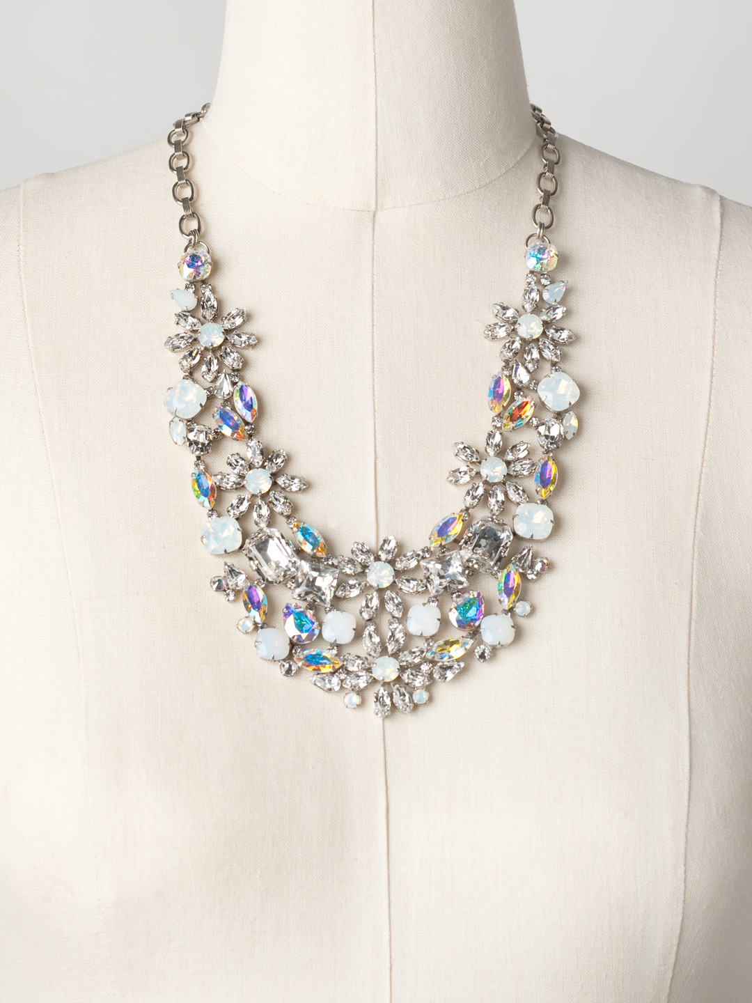 Multi Crystal Cut Floral Statement Bib Necklace in Antique Silvertone