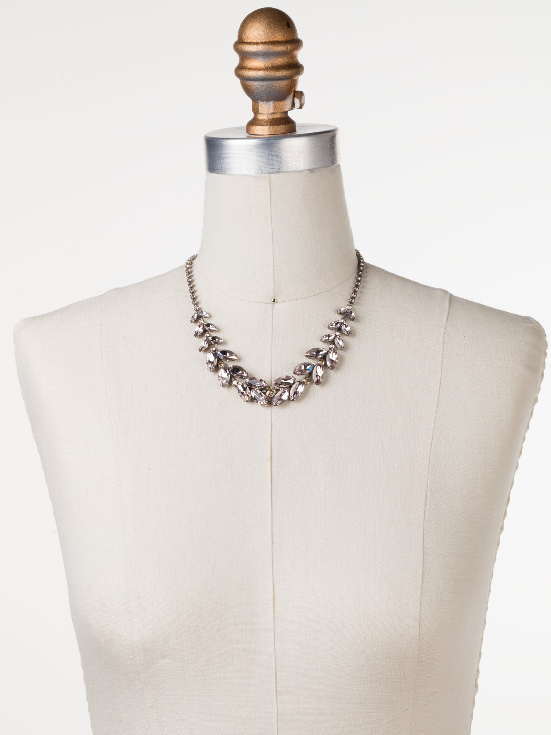 Graduated Crystal Navette Line Necklace in Antique Silvertone Satin