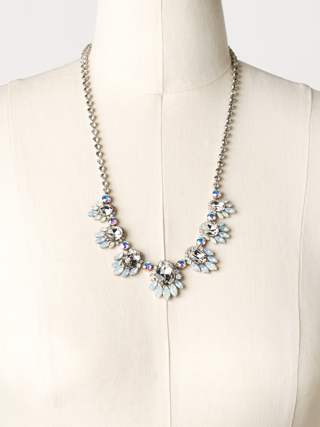 Ornate MultiCluster Line Necklace in Antique Silvertone White Bridal