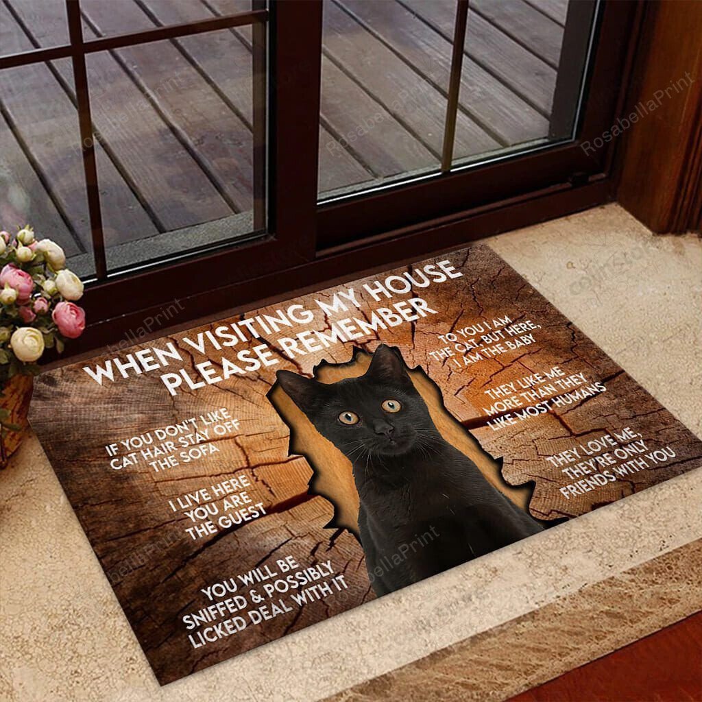 When visiting my house please remember Black cat Doormat