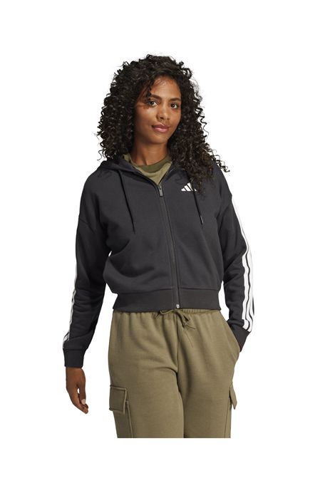 Adidas Essentials 3 Stripes French Terry Zip Hoodie Black White Women ADIDAS CORE | Sweatshirts | JE0052-