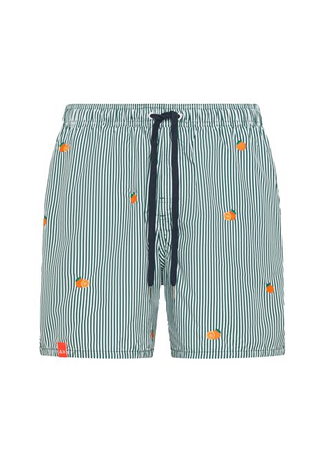 Sun68 Striped Swim Pant with Small Oranges Embroidery Green White Men SUN68 | Swimwear | H36111-3701