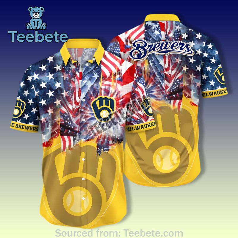 4Th Of July Red Blue Milwaukee Brewers Hawaiian Button Up