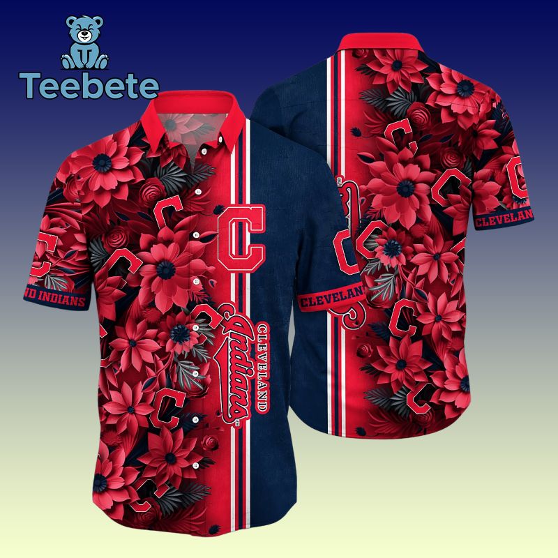 Flower Summer Cleveland Indians Red Mens Tropical Button Up Shirt