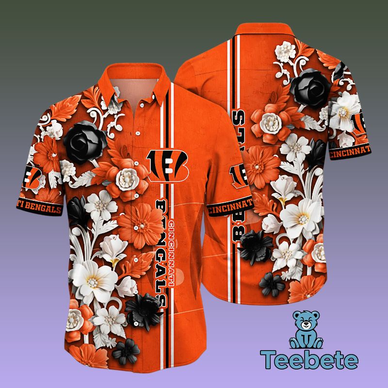 Orange Cincinnati Bengals Tropical Flower Hawaiian Shirt Womens Outfit